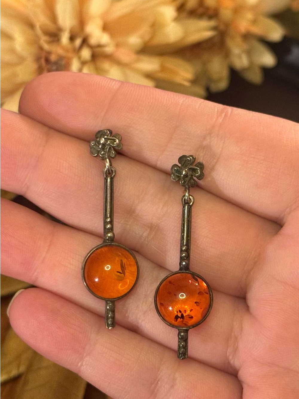 Sterling Amber Drop Dangle Earrings